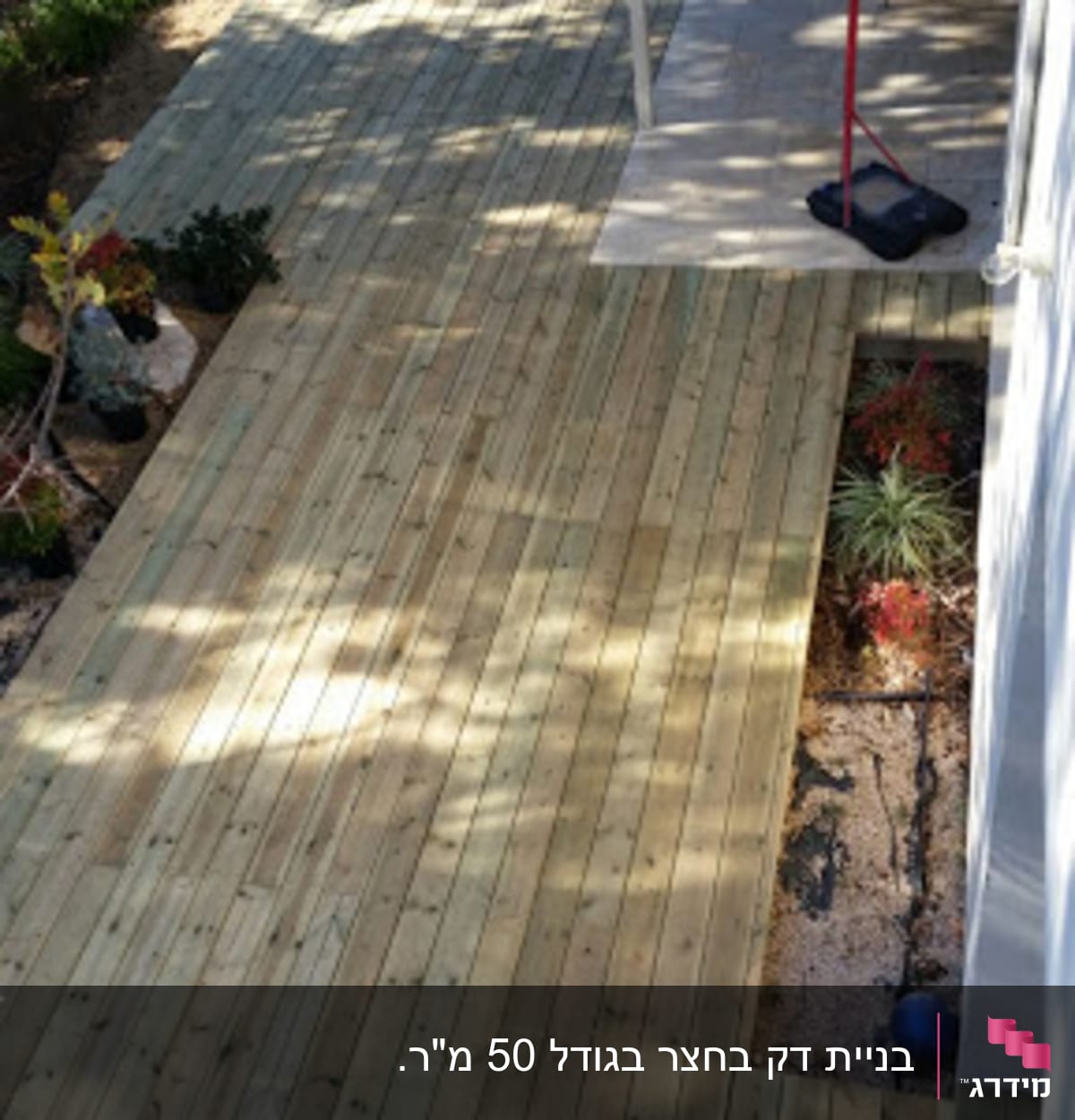 דק עץ בגינה עם צמחים מסביב